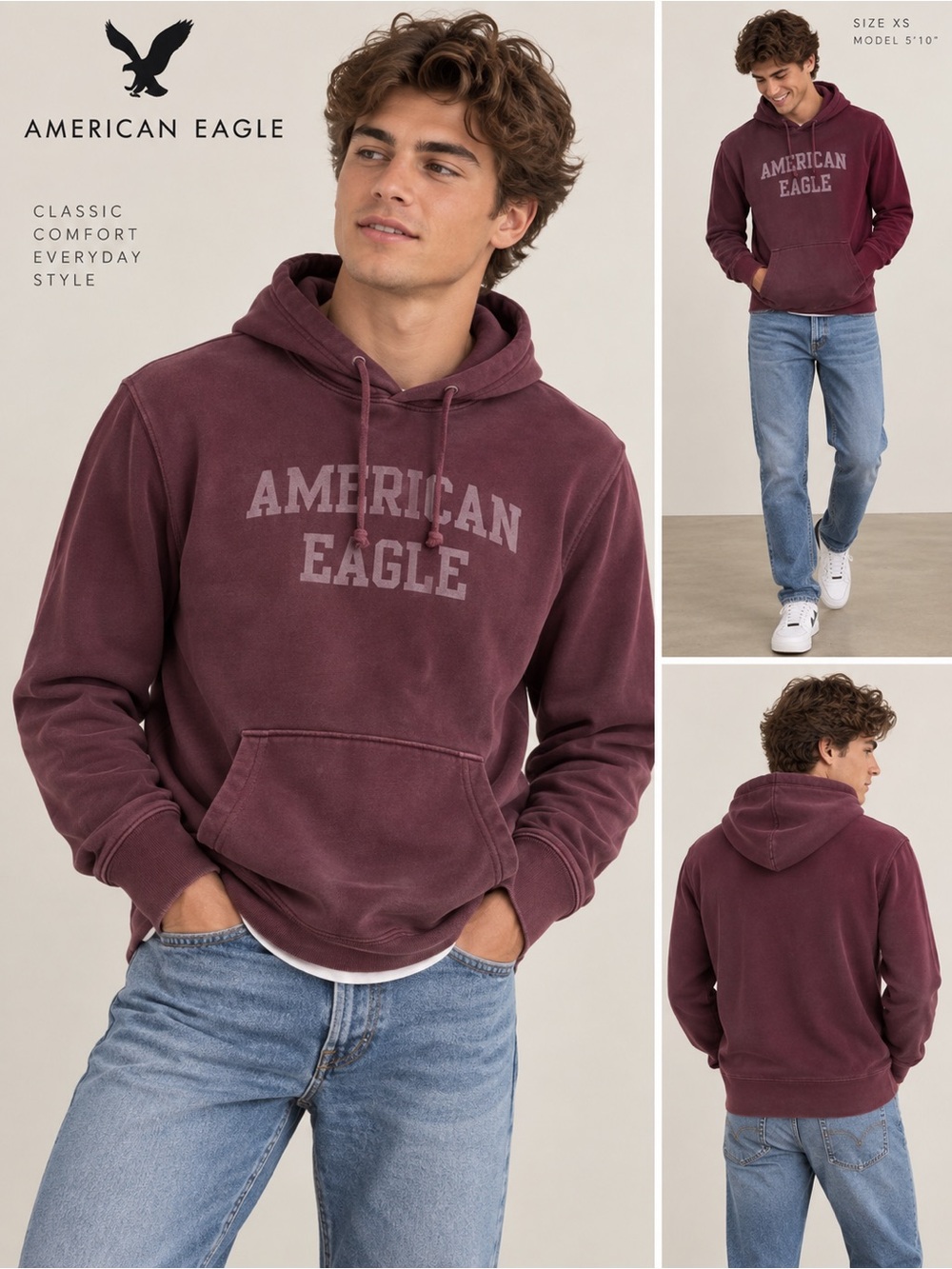 American Eagle Outfitters Men's XS Maroon Pullover Hoodie